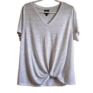 Bobeau Women's XL V-Neck Twist Front Striped Short Sleeve Top White & Coffee